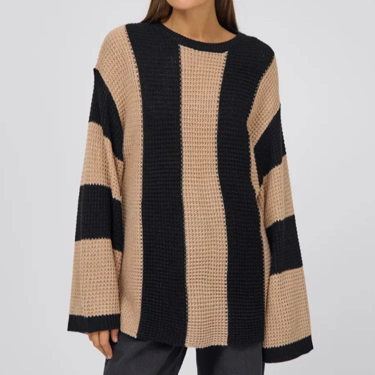 

Женский трикотаж с круглым вырезом в контрастную полоску, повседневный свободный пуловер в европейском и американском стиле, осень-зима, новая мода