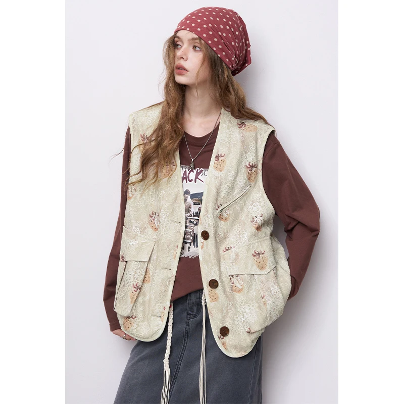 ELFSACK 2025 Autumn New Arrival Casual Loose Graphic Lace Print Vest For Woman