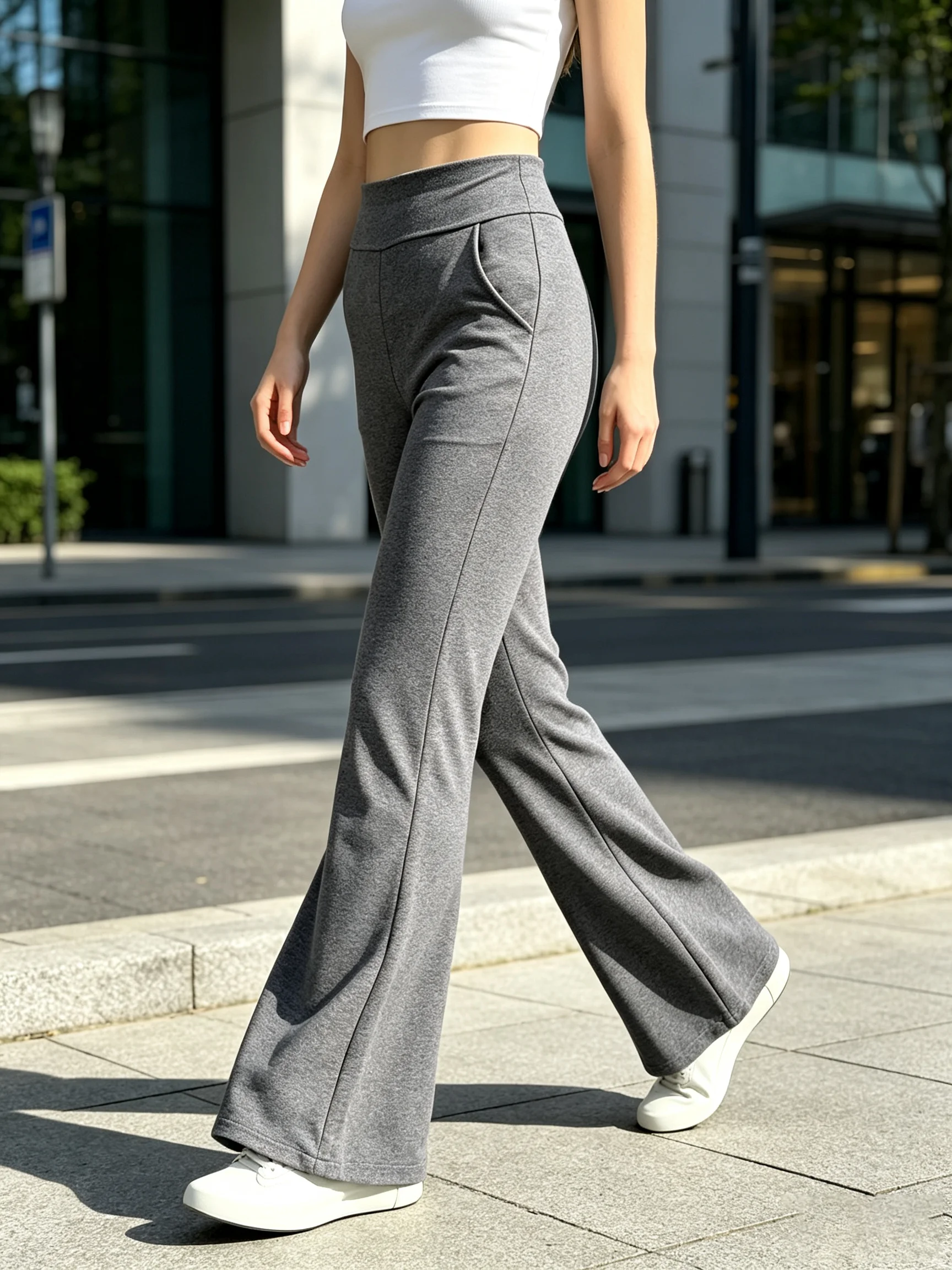 Women High Waist Fold‑Over Flare Pants, Stretch Knit Casual Bootcut Trousers with Side Pockets, Soft Breathable Lightweight Fabr