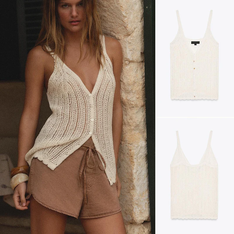 

Новый летний женский модный вязаный топ с v-образным вырезом на бретельках, полые декоративные пуговицы, облегающий крой из полиэфирного волокна