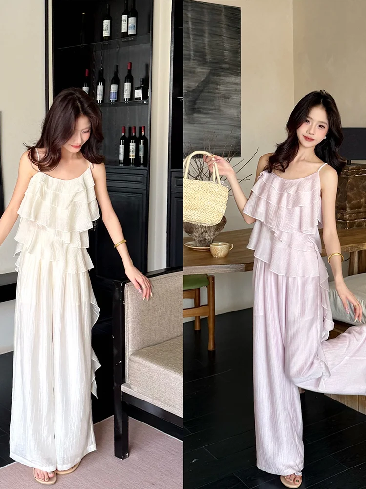 

Cloud Stroll Small Size Lace Trimed Strap Set High Waist Wide Leg Pants Summer Fashion Two Piece Suit Breathable Nylon