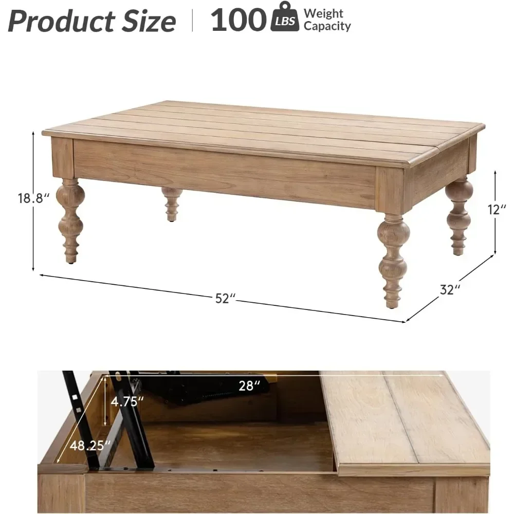 Mesa de centro elevable de madera con almacenamiento, mesa de centro rectangular de granja para sala de estar/apartamento, natural