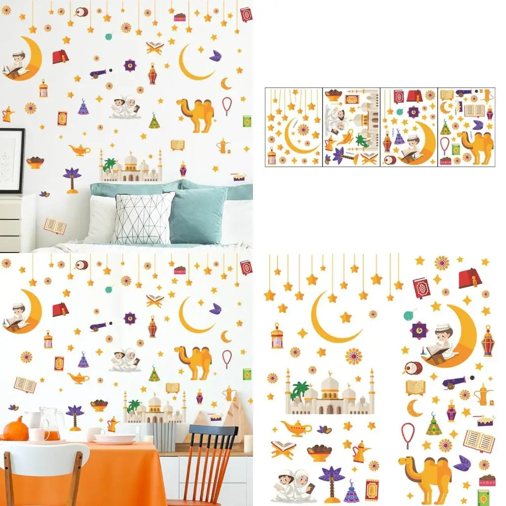 Eid Mubarak Wall Stickers 4 Sheets Moon Star Castle for Camel Window Clings for Islamic Muslim Ramadan Party Living Room
