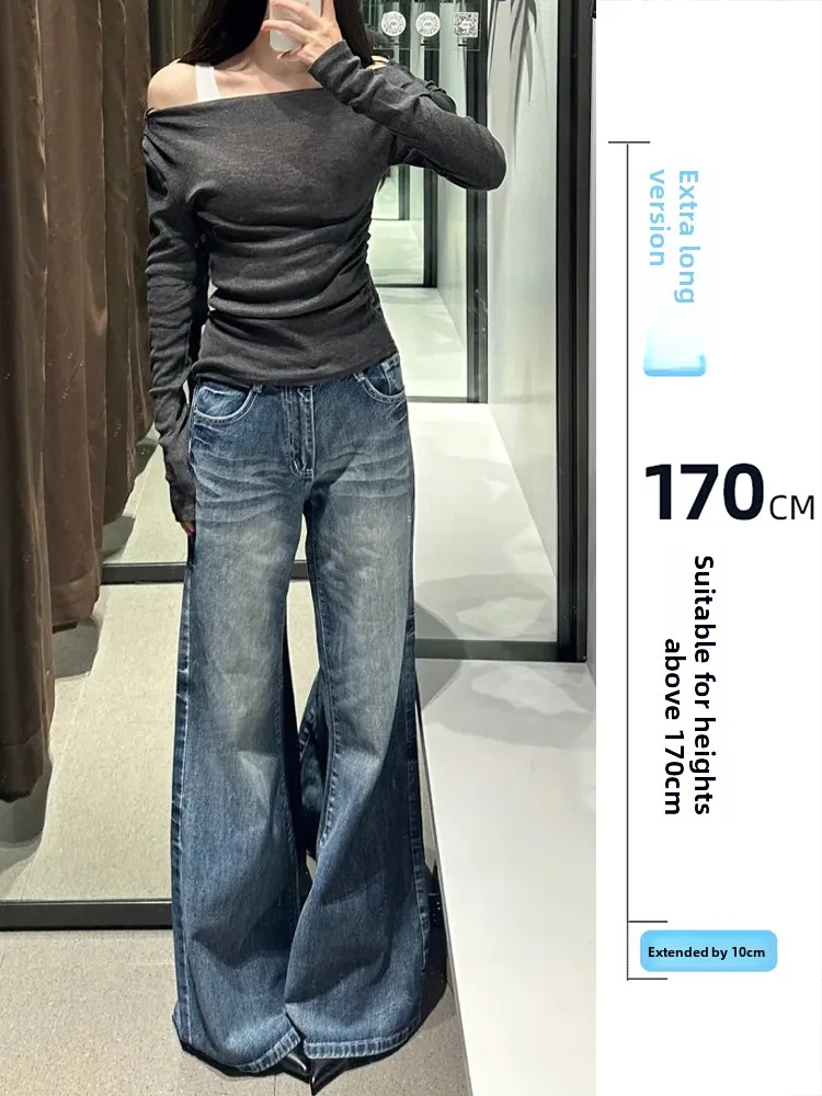 

Ретро-синие широкие джинсы из денима для женщин, весенние, с высокой талией, с разрезами, в пол, свободного кроя, повседневные, на все сезоны