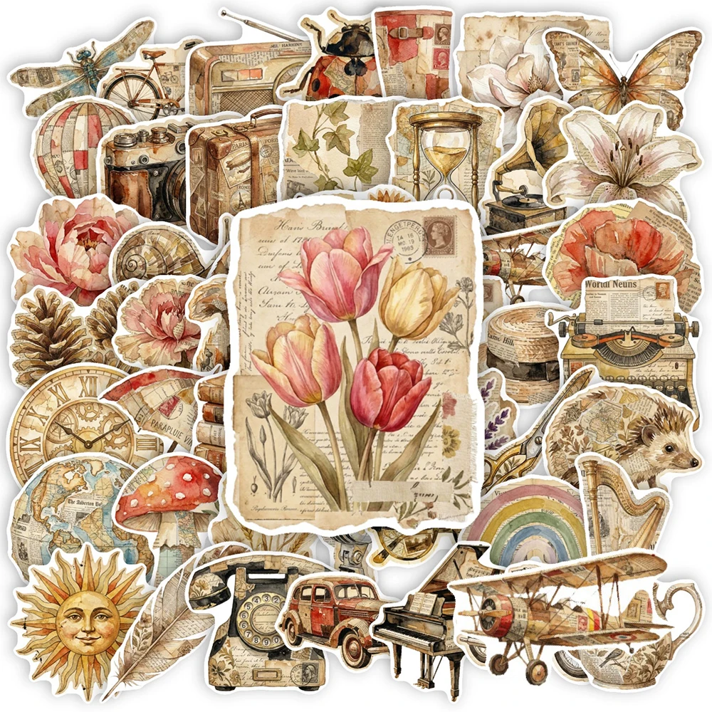 10/30/50pcs Cartoon Retro Objects Stickers Vintage Flower Plant Animal Aesthetic Sticker Notebook Luggage Phone Decals Packing