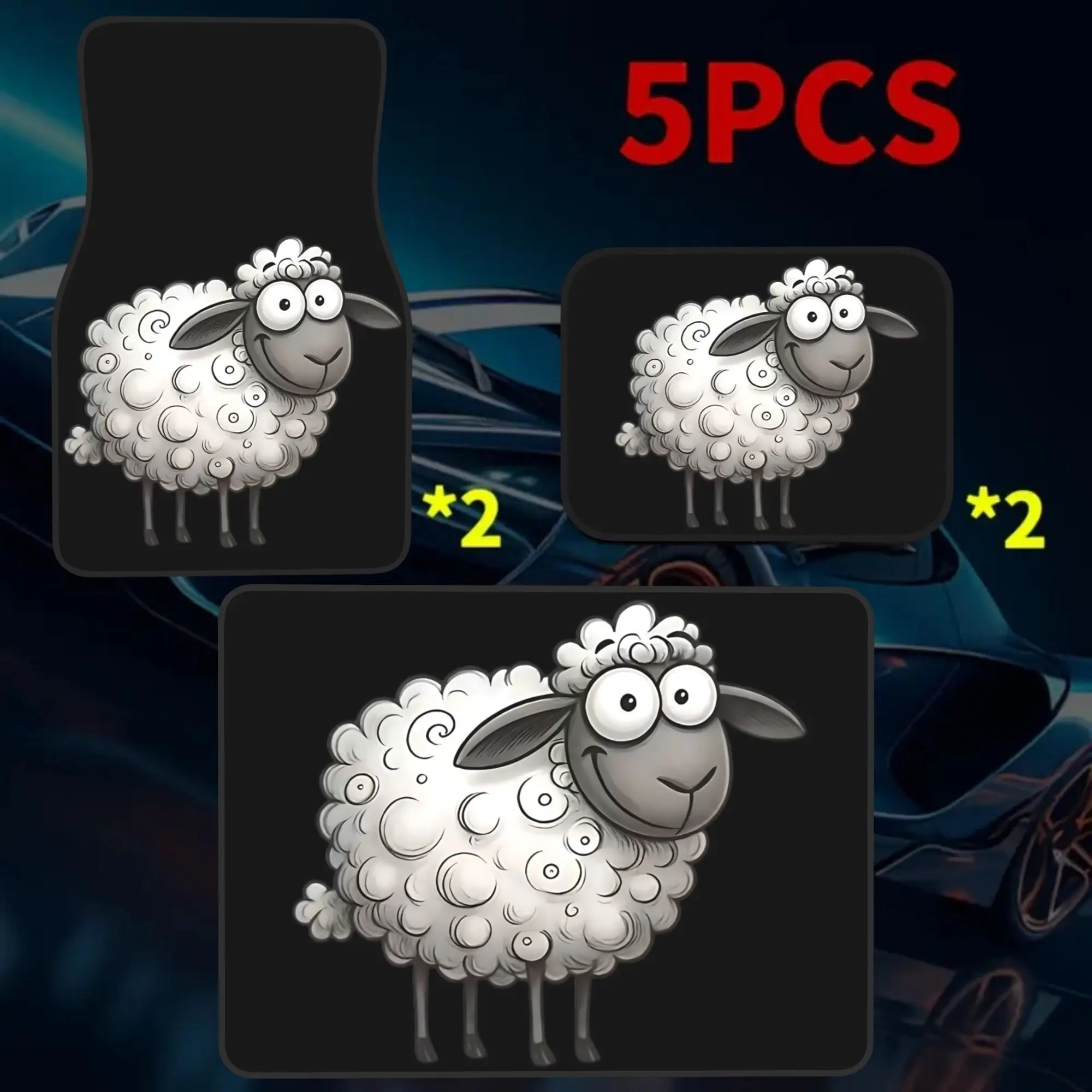 2D Flat Printing 5pcs Cartoon Curly Sheep Printed Car Mats Set (4 Floor Mats And 1 Trunk Mat), Made Of Durable Polyester Fabric