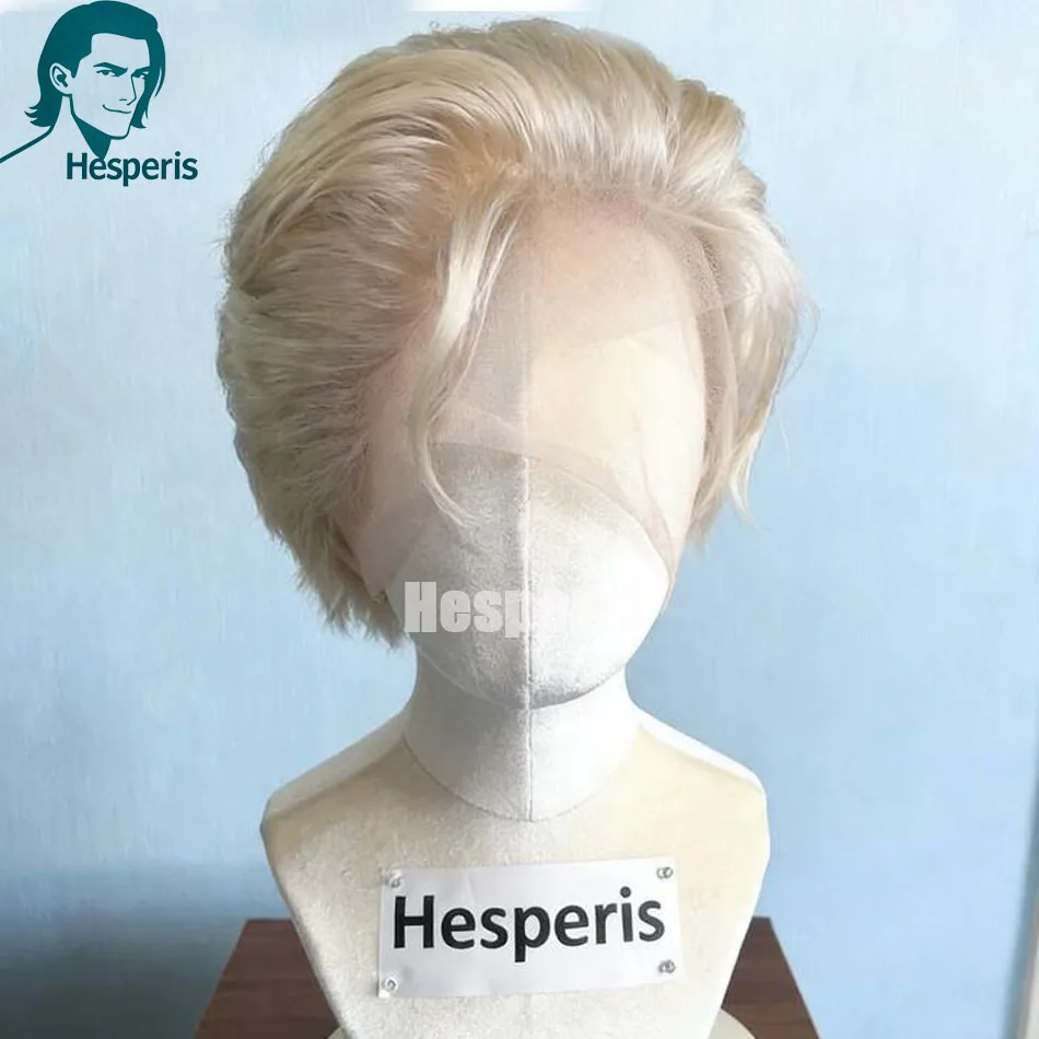 

Hesperis Blonde Men's Short Cut Pixie Wig Brazilian Remy Human Hair Layered Natural Wavy Full Lace Wig For Male #60 Color