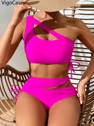 VigoCasey 2025, traje de baño Sexy rosa de un hombro, conjunto de Bikini estilo Push UP para mujer, traje de baño hueco sin espalda, traje de baño para playa de cintura alta