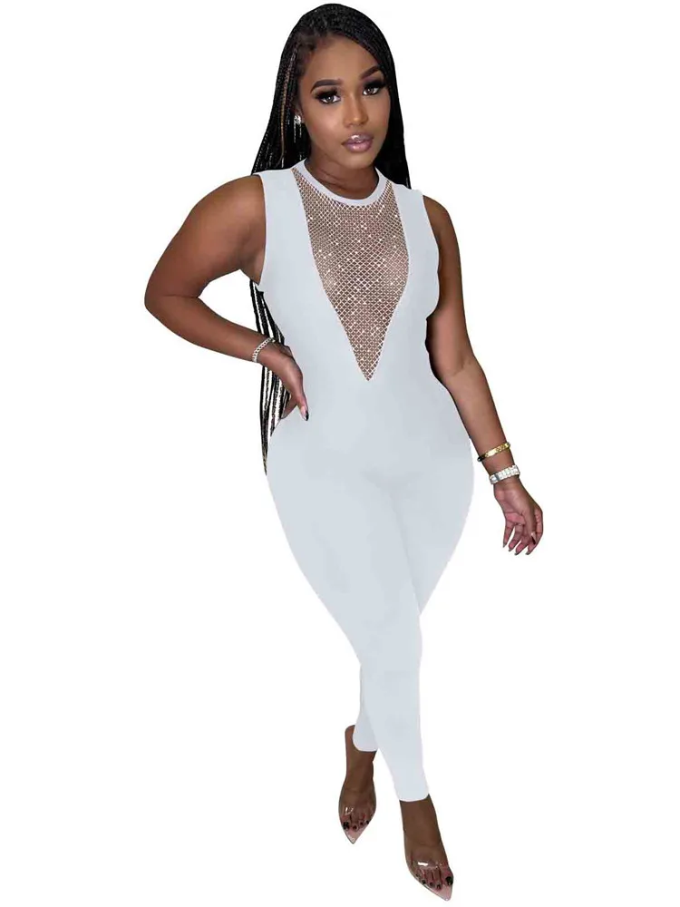 Szkzk summer jumpsuit women 2022 Streetwear hollow out Sleeveless Mesh stitching colored diamonds Sexy Bodycon jumpsuit women