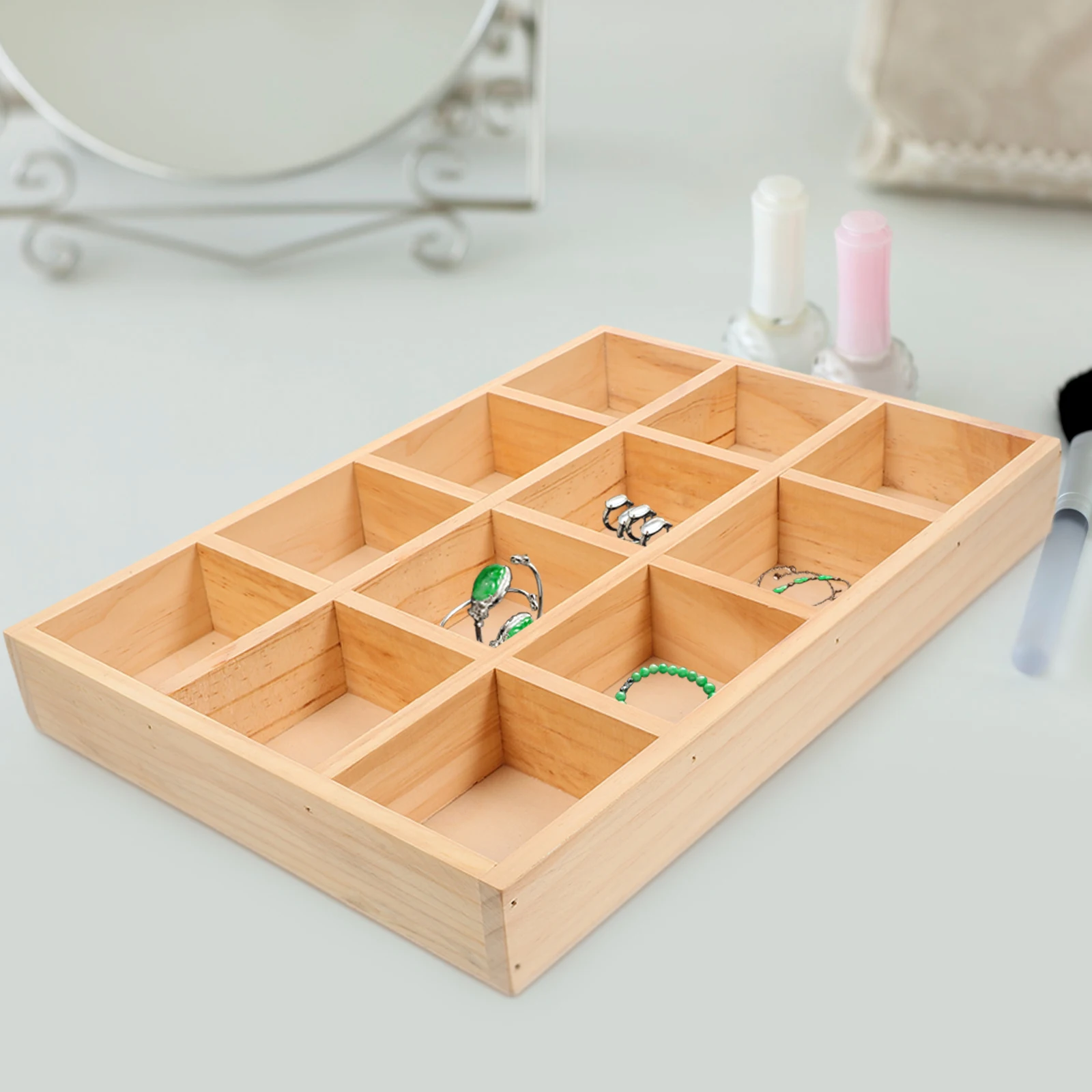 

2pcs Wooden Storage Box Wooden Jewelry Tray 12 Compartments Tray Display ganizer Grids Desk Tidy Accessories Holder