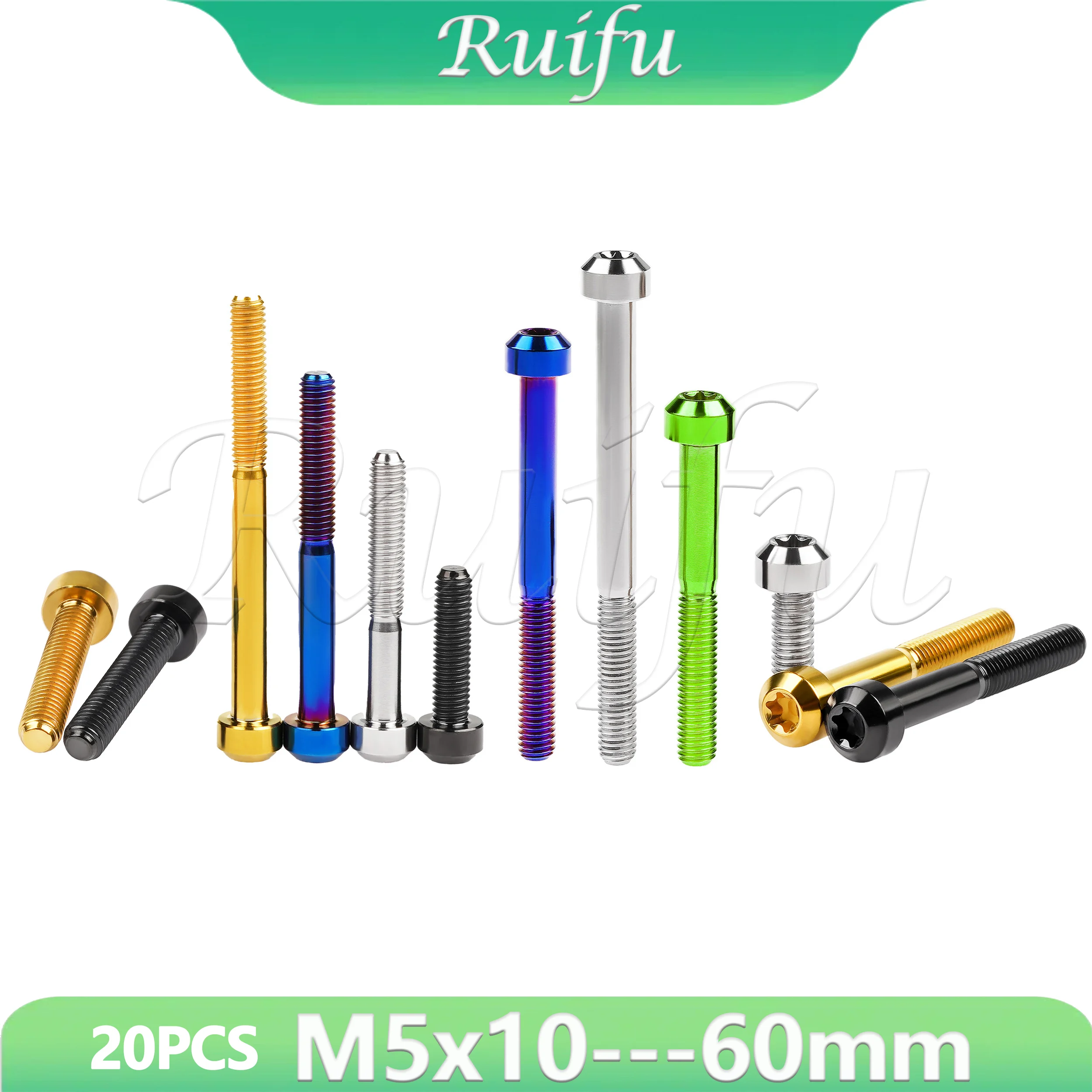 

Ruifu Titanium Bolt 20PCS M5x10 15 20 25 30 35 40 45 50 55 60mm Chamfered Torx Head Screw for Bicycle Motorcycle