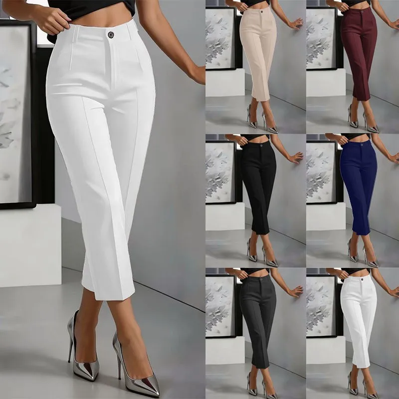 Women High Waist Cropped Pants Solid Color Tailored Slim Fit Pleated Front Button Closure Nine-third Length Trousers Black Navy