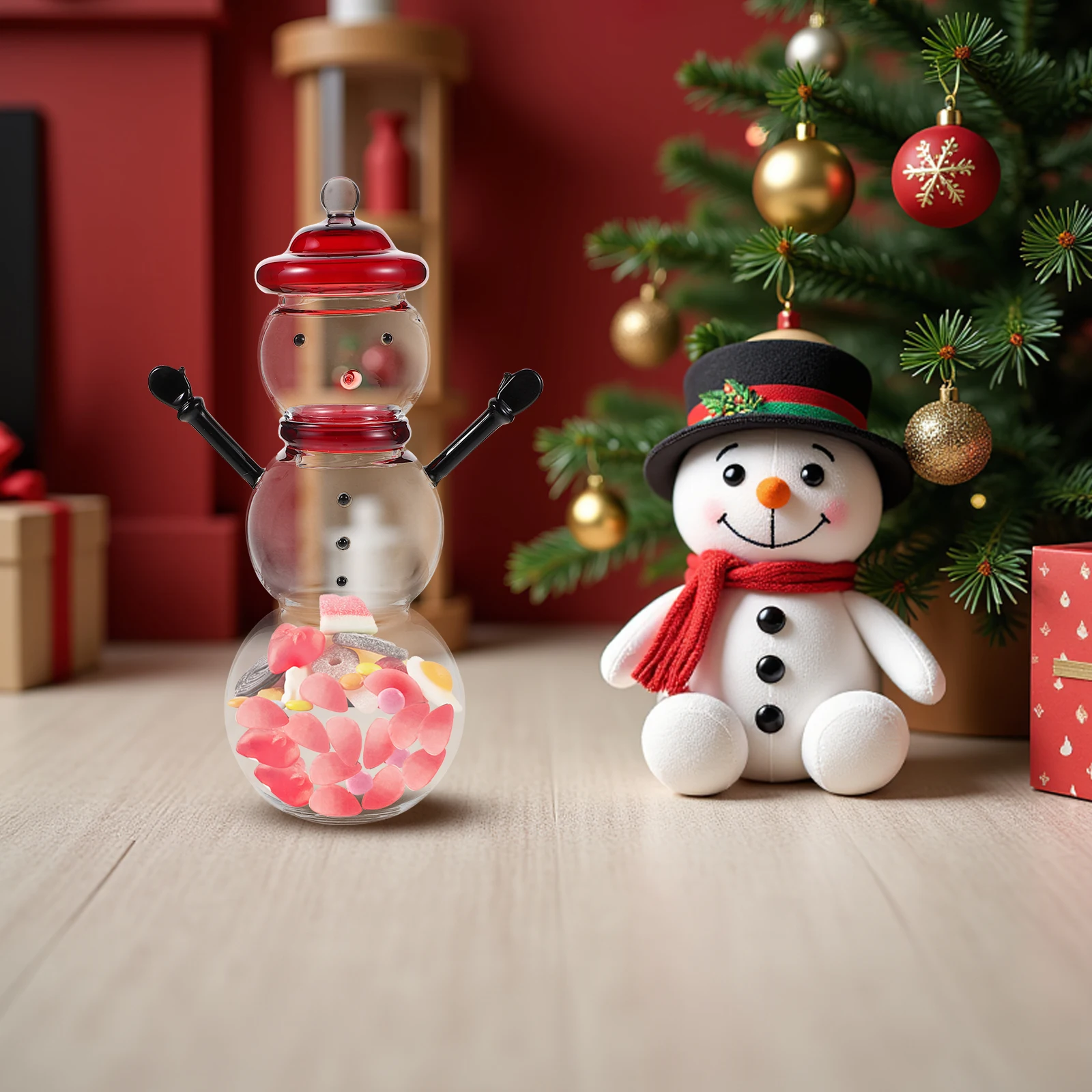 

Decorative Snowman Candy Jar with Lid Glass Container for Christmas Sweets Storage Holiday Party Favor Dish Kitchen Sugar