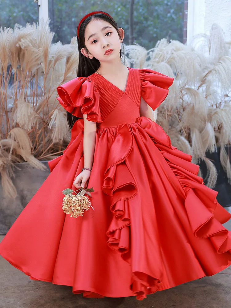 

Girls Elegant Red Princess Ball Gown Children Birthday Baptism Party Wedding Piano Performance Dress