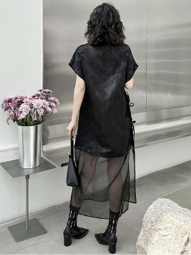 [EAM] Women Black Mesh Bandage Big Size Vintage Dress New Stand Collar Short Sleeve Fashion Tide Spring Summer 2024 1DH5123