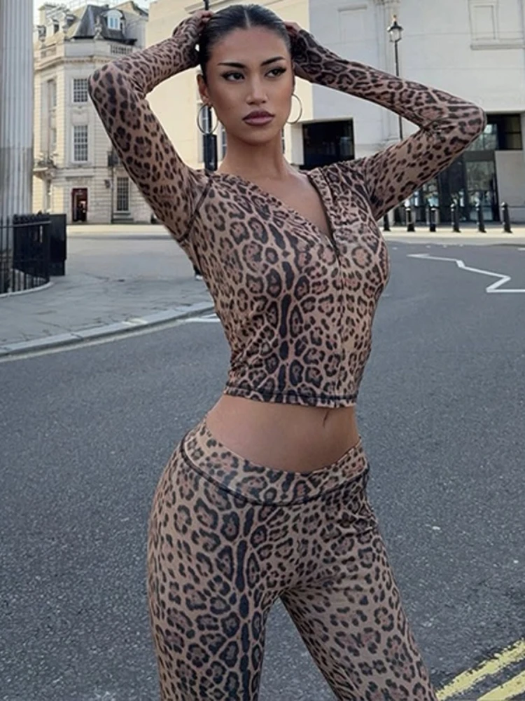 Women's Hooded Zipper Long Sleeve Cardigan Tops+Long Pants 2 Piece Set Female Zebra-stripe Leopard Printed Tracksuits Streetwear
