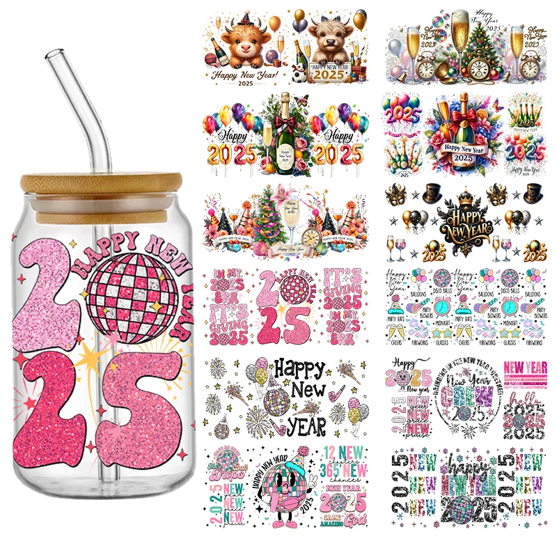 Happy New Year 2025 16oz UV DTF Cup Wrap Libbey Glass Sticker Can Tumbler Transfer for Cup Wraps Libbey