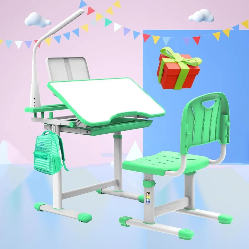 

Kids Desk and Chair Set with 40-Degree Tilted Desktop, Height Adjustable Children Desk and Chair Set for Boys and Girls