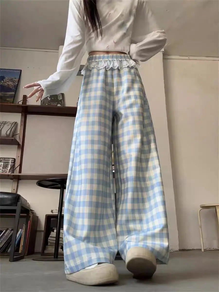 Koronkowe łączenie niebieska krata luźne spodnie z prostymi nogawkami damskie szerokie nogawki wiosna jesień 2025 nowe spodnie z wysokim stanem