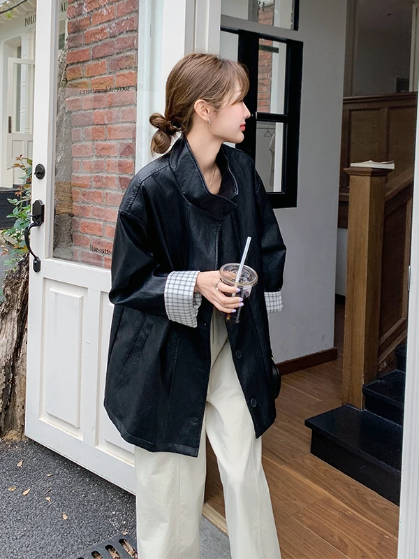 Bla Plaid Spliced ort PUレザー ジャケット レディース 春秋 2025 新作 スタイリッシュ 高級感 レザー ジャケット