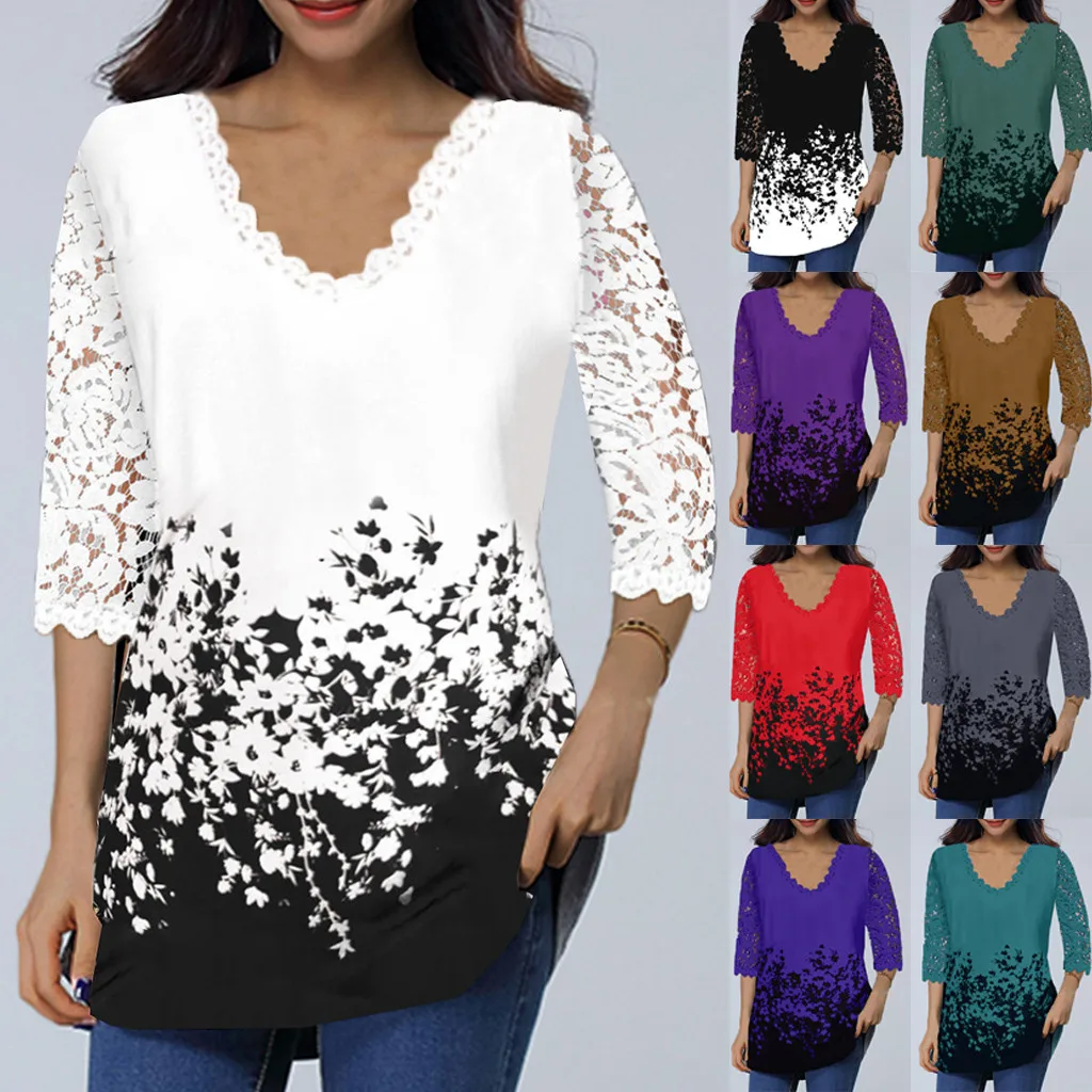 2024 new Women\'s Lace 3/4 Sleeve V Neck T Shirt Ladies Floral Blouse Tunic Tops Plus Size