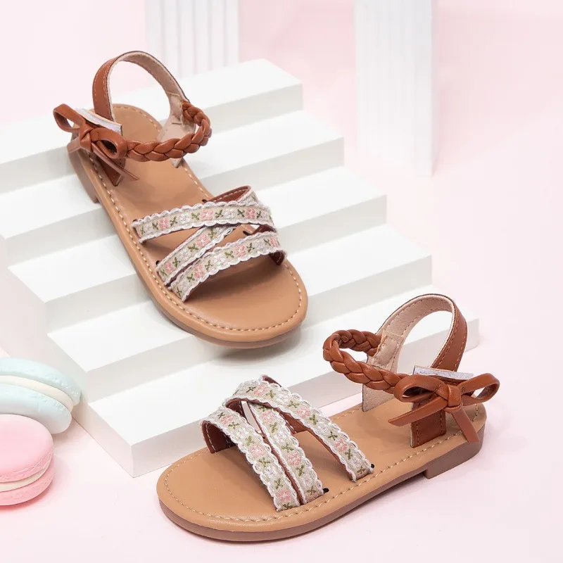 Summer Girls Printed Bow Princess Sandals Kids Soft Sole Non-slip Buckle Beach Shoes Children Woven Hollow-out Casual Sandals