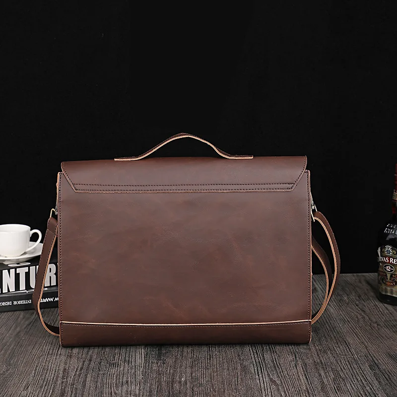 Men's Briefcase Laptop Business Bag Working Shoulder Bag Vintage Man Crazy Horse Leather Crossbody Bag Satchel Computer Handbag