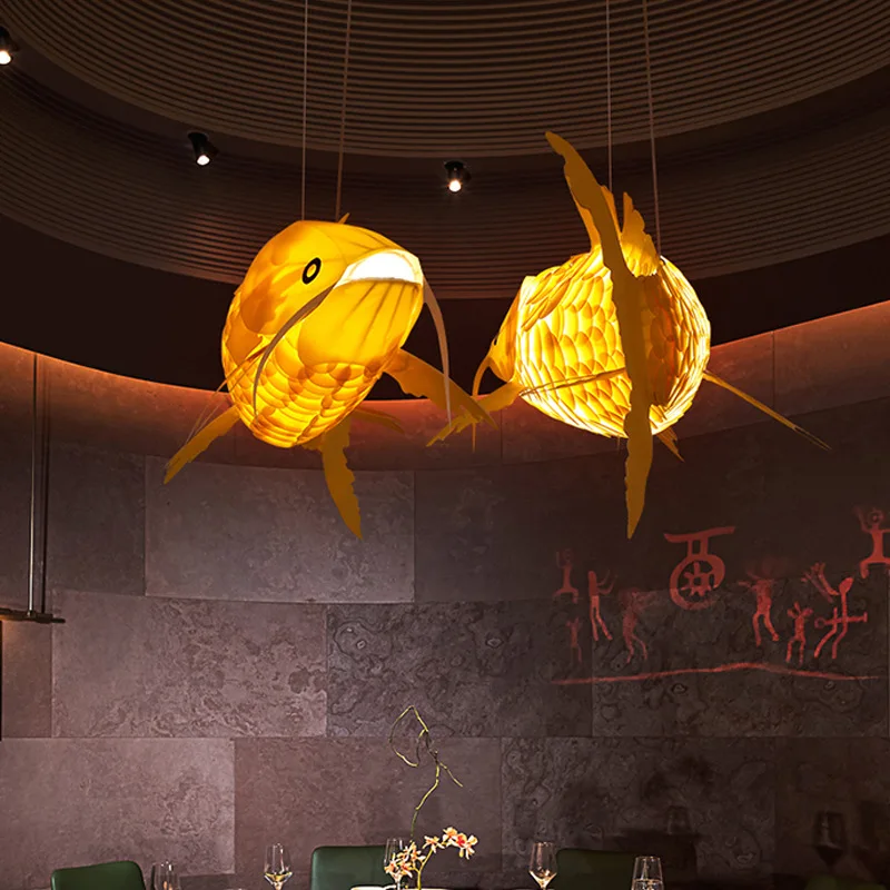 Chinese restaurant chandeliers, Zen tea rooms,  creative fish shaped decorative lighting fixtures, restaurant fish lights