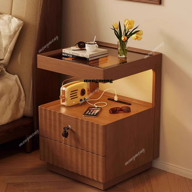Walnut White Nightstands Wooden Lock Minimalist Smart Nightstands Storage Modern Muebles De Dormitorio Designer Furniture   DD