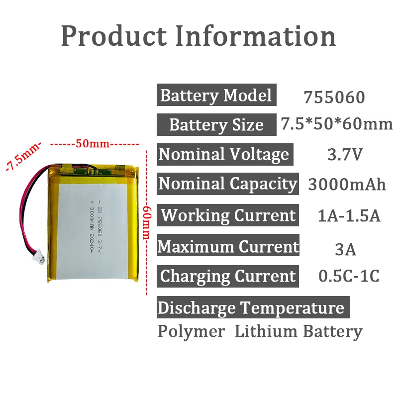 New 755060 Li-polymer Battery Polymer Large Capacity Lithium Batteries Cells for Beauty Instrument Toy LED Light Digital Camera