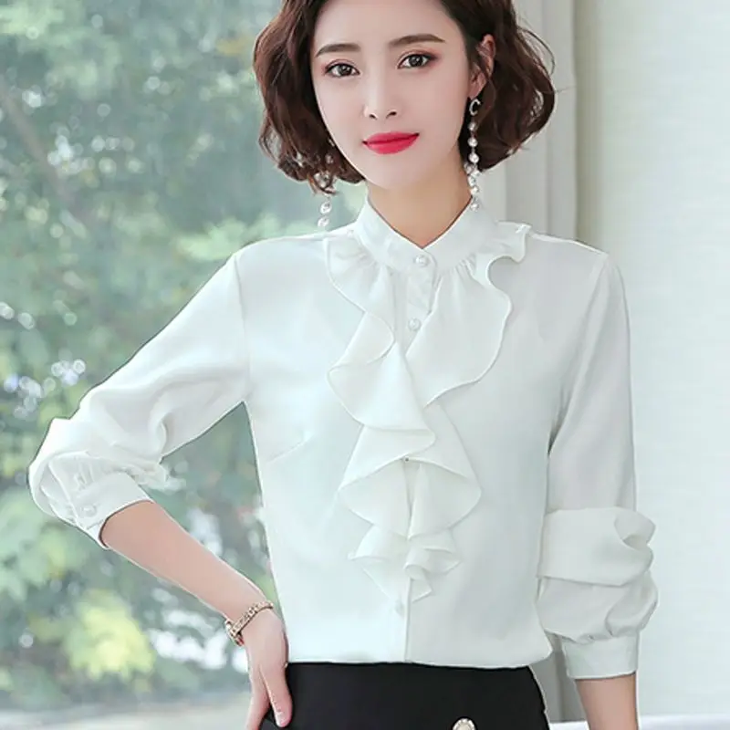 Solid Color Bow Tie Long Sleeved Quality Shirt for Women Spring Autumn New Simulated Silk Western Style Temperament Elegant Top