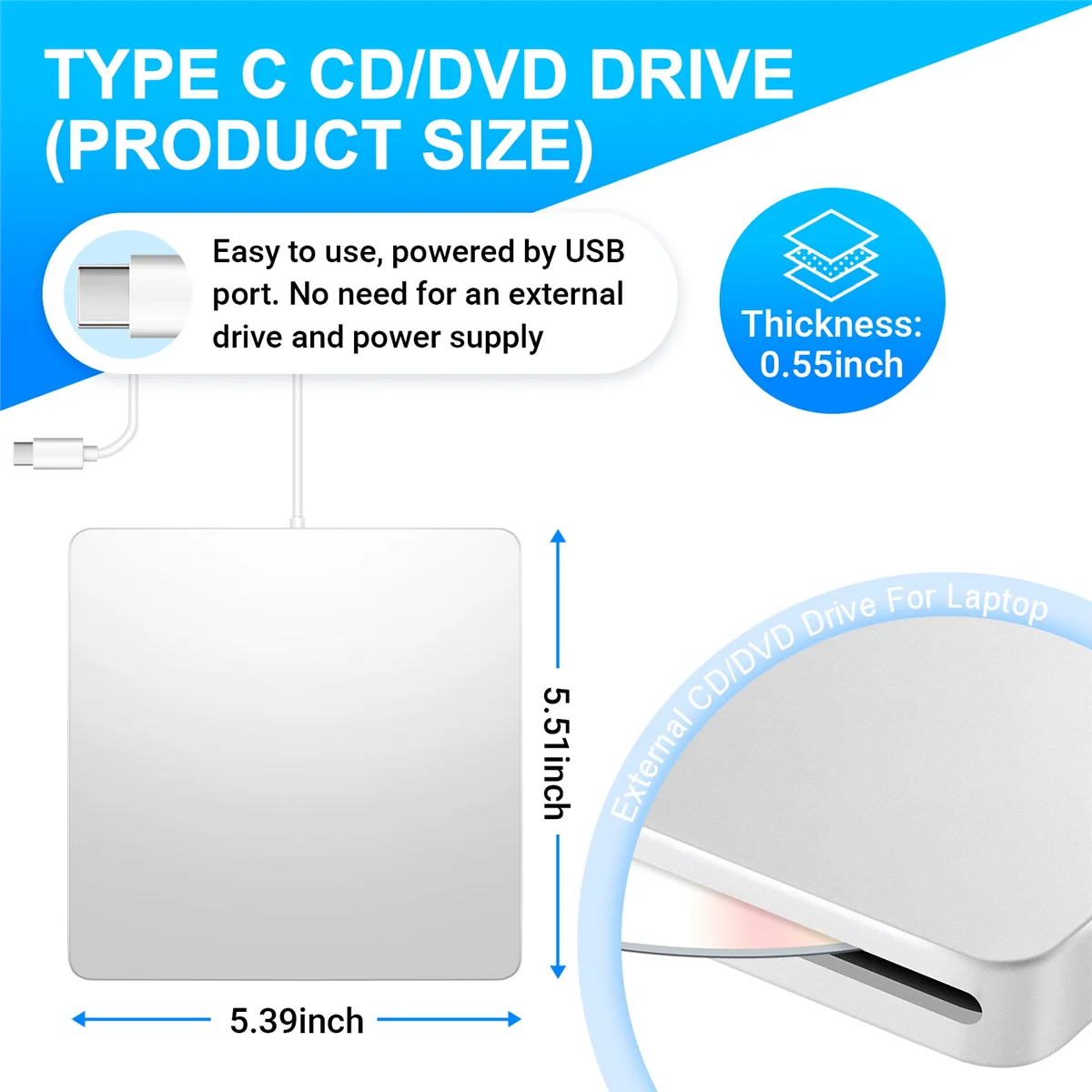 WHQT USB External CD/DVD Drive Type C Portable Drive-Free CD Movies Players for Laptop PC Windows Mac,Silver