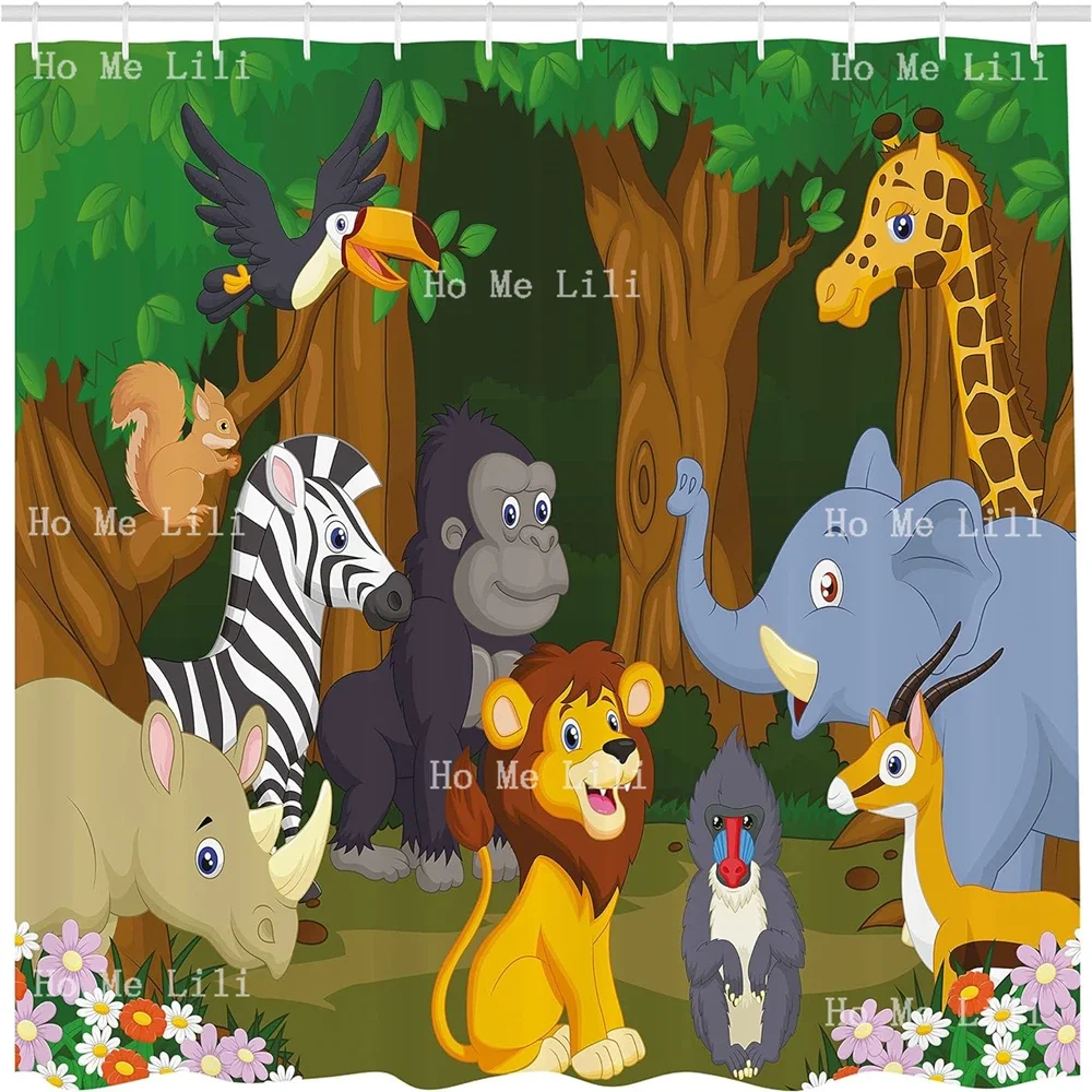 Cartoon Style Giraffe Gorilla Lion Animals Illustration Animal Shower Curtain Bathroom Decor Set With Hooks