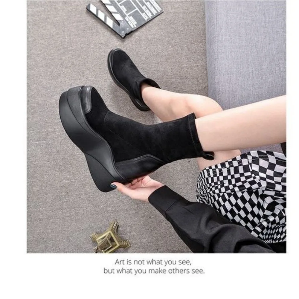 2024 Thick soled inner height waterproof platform elastic boots, soft leather splicing sleeve short boots for women