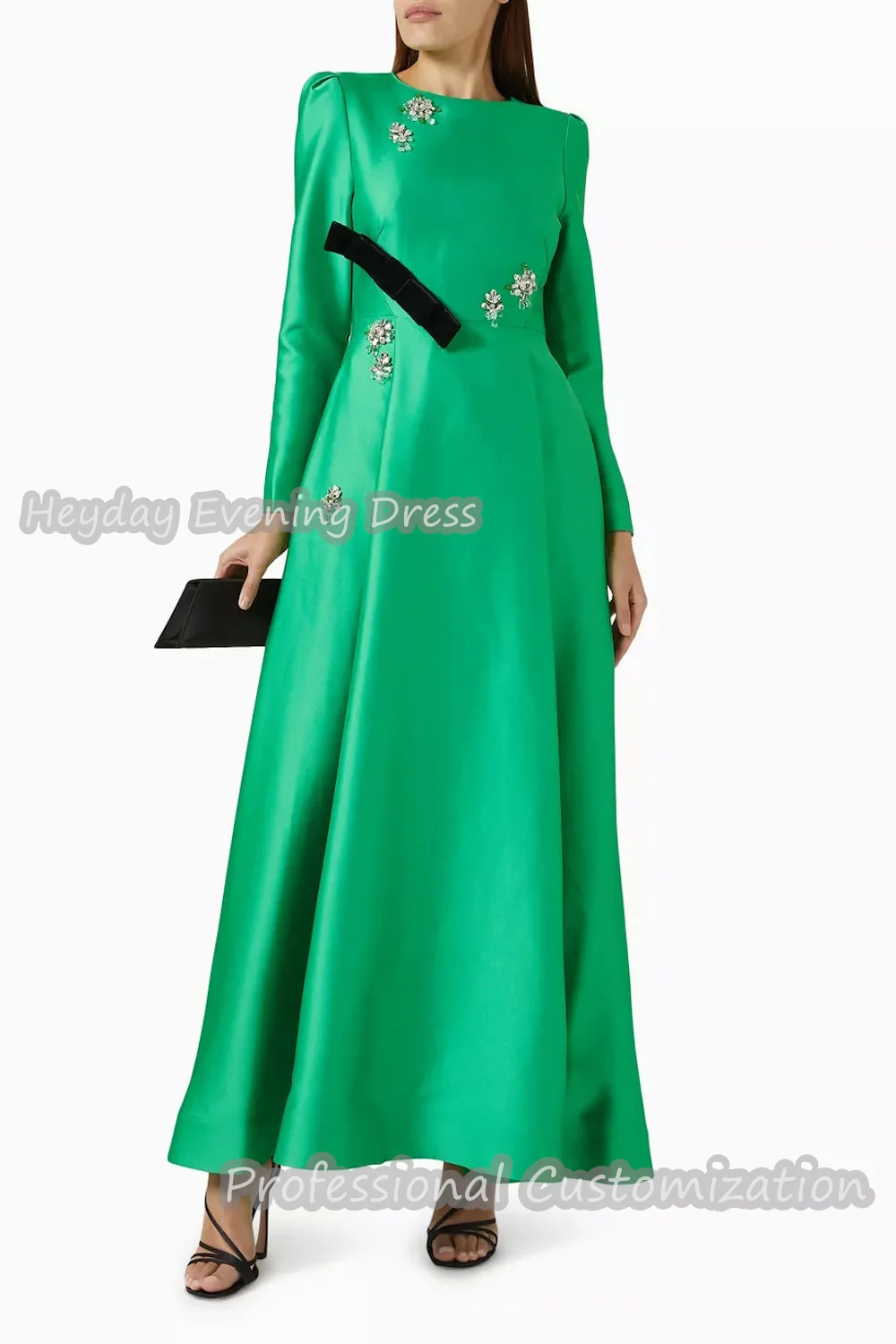 Heyday O-Neck Saudi Arabia Beaded Long Sleeves A-Line Prom Gown Satin Ankle Length Sexy Elegant luxury Dress For Women 2024