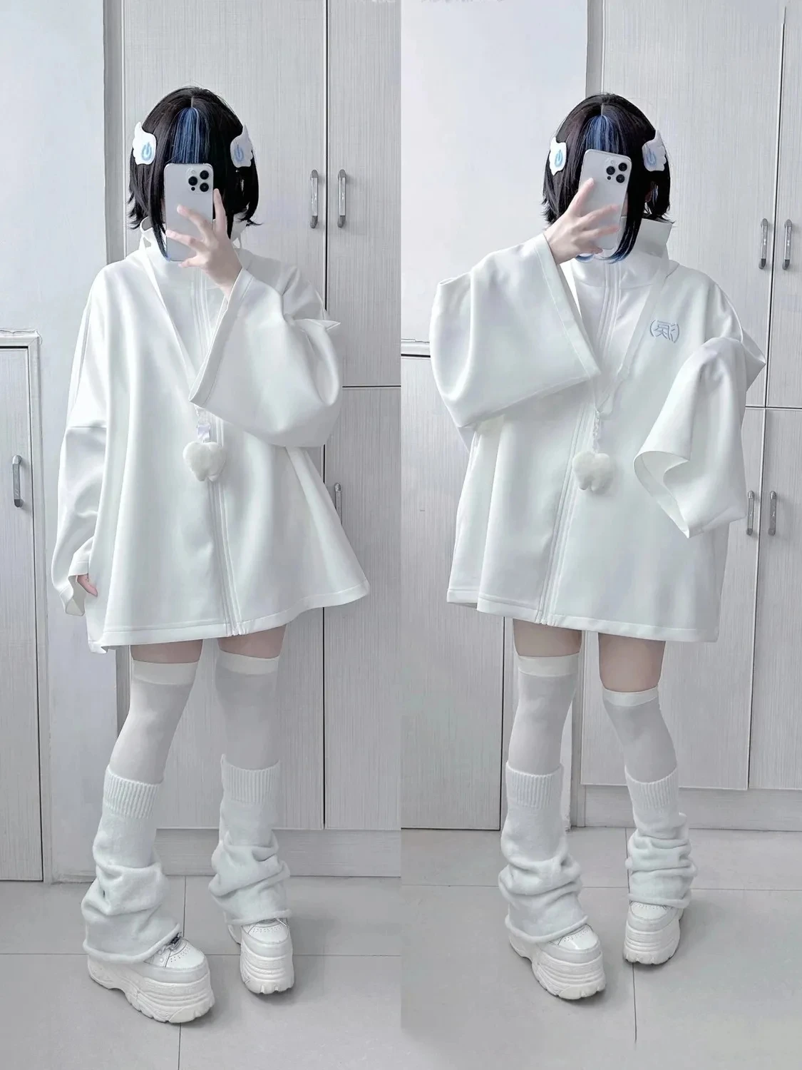 

Loose White Hoodie Layering Outerwear Soft Girl Subculture Moe Angel Neighborhood Japanese Sle Winter Faion Set for Women