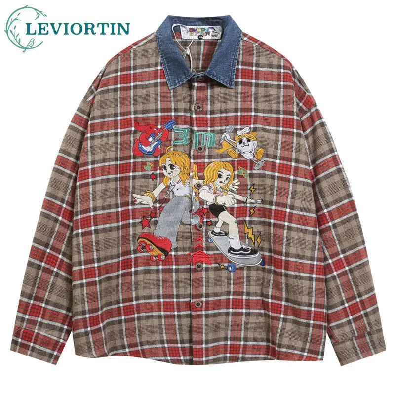 2025 autumn vintage cartoon embroidery checkered contrasting long sleeved shirt for men and women, loose couple long sleeved top