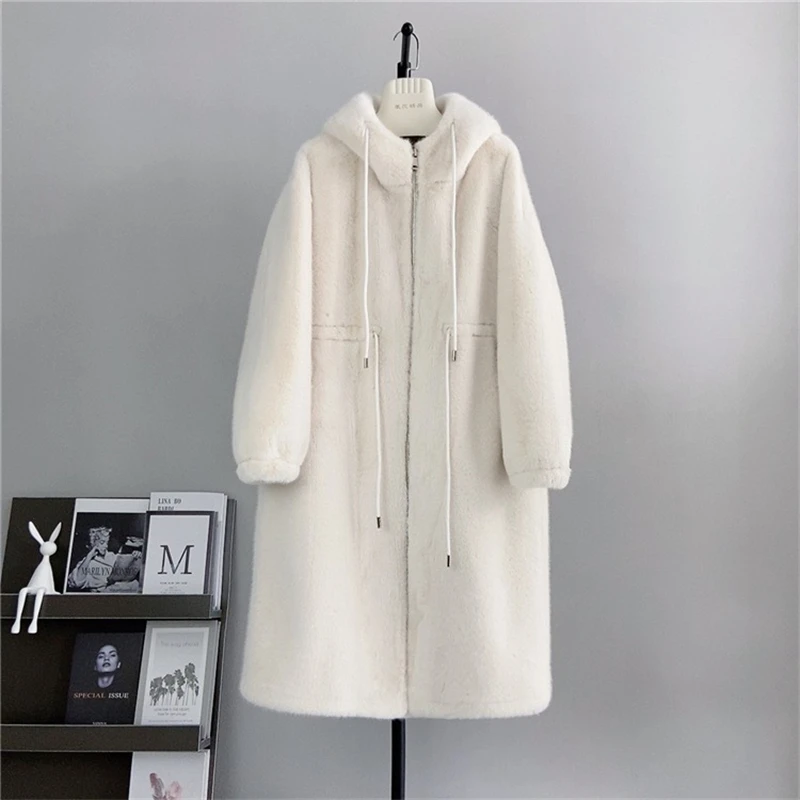 2024 Winter Thickened Long Hooded Loose Faux Mink Fur Jacket Environmentally Friendly Fur Women Coat Parka PT495