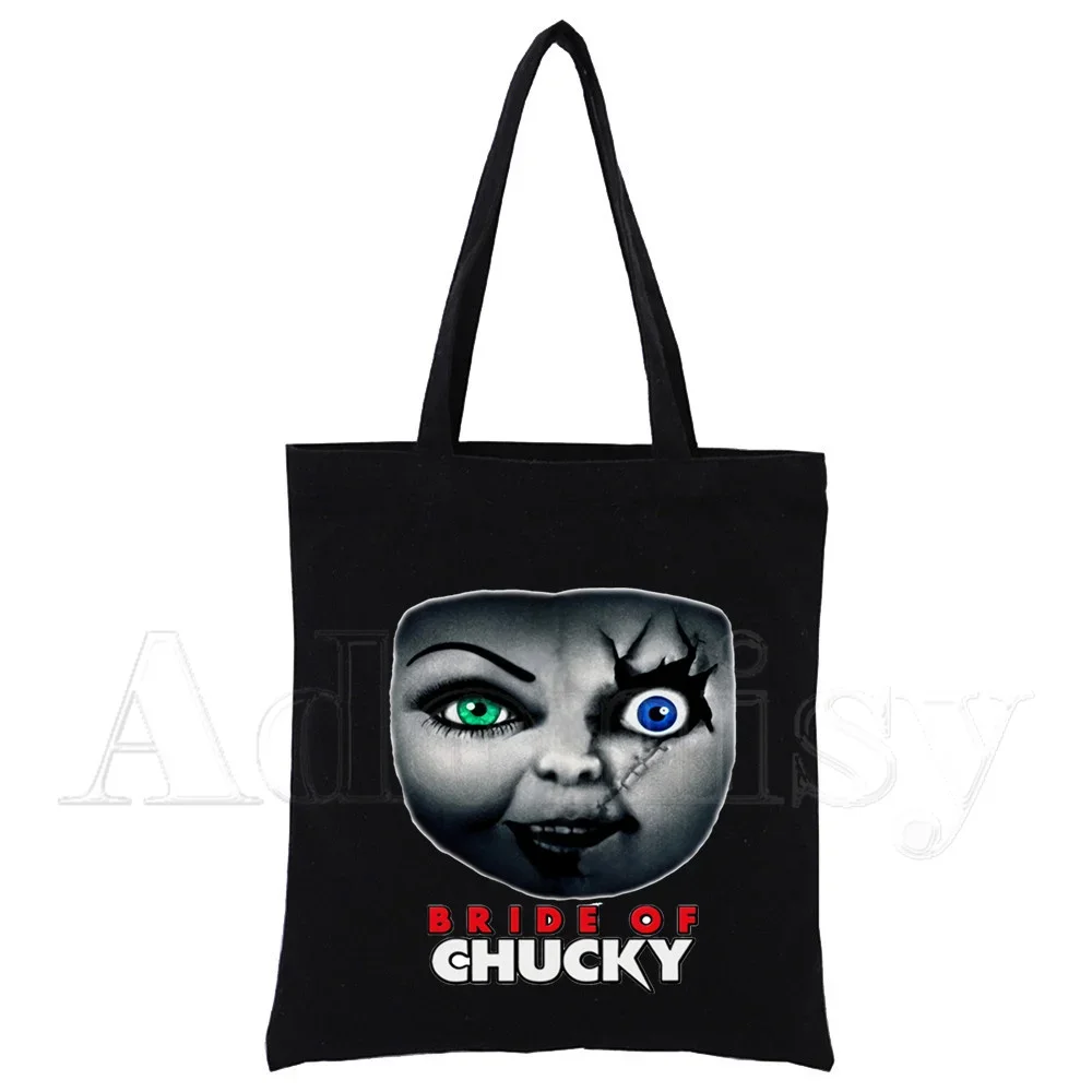 Chucky Damen-Handtaschen, Canvas-Tragetasche, Einkaufstaschen, wiederverwendbare Einkaufstasche, umweltfreundlich, faltbar, Schwarz