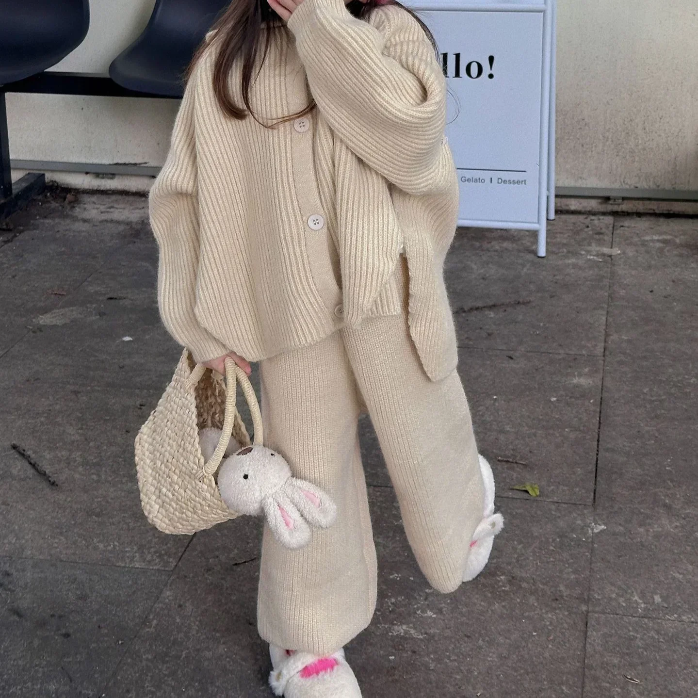 Girls Two-piece Set 2024 Autumn New Childrens Clothes Girls Baby Korean Style Single-breasted Long-sleeved Sweater Set