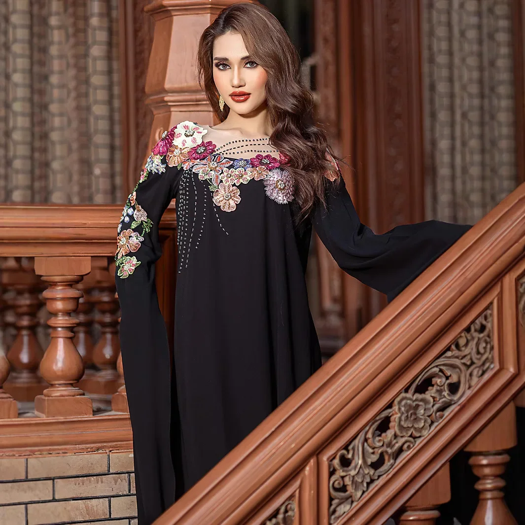 Women's Black Beading Casual Trendy Elegant Patchwork Loose Abaya Female Dresses Clothes Muslim Middle East 2025 New Fashion