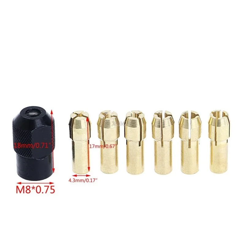 7pcs/lot dremel Brass Collet 1.0/1.6/2.0/2.4/3.0/3.2 + check M8*0.75 Fits Dremel Rotary Tools  accessories A25