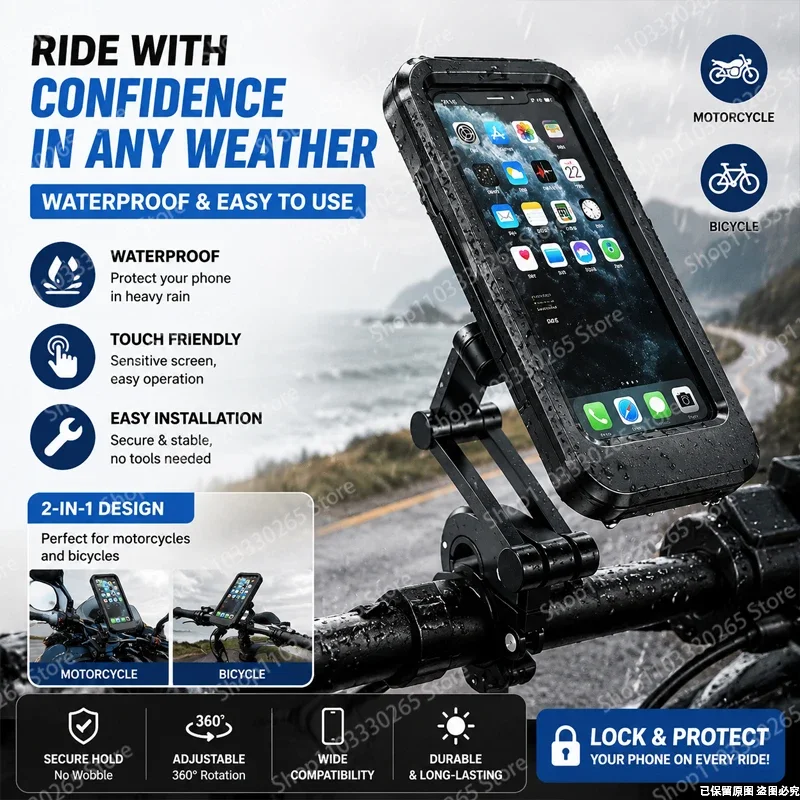 

Waterproof Motorcycle & Bicycle Phone Holder, 360° Rotatable, Touch-Sensitive, Universal Mount for Handlebars