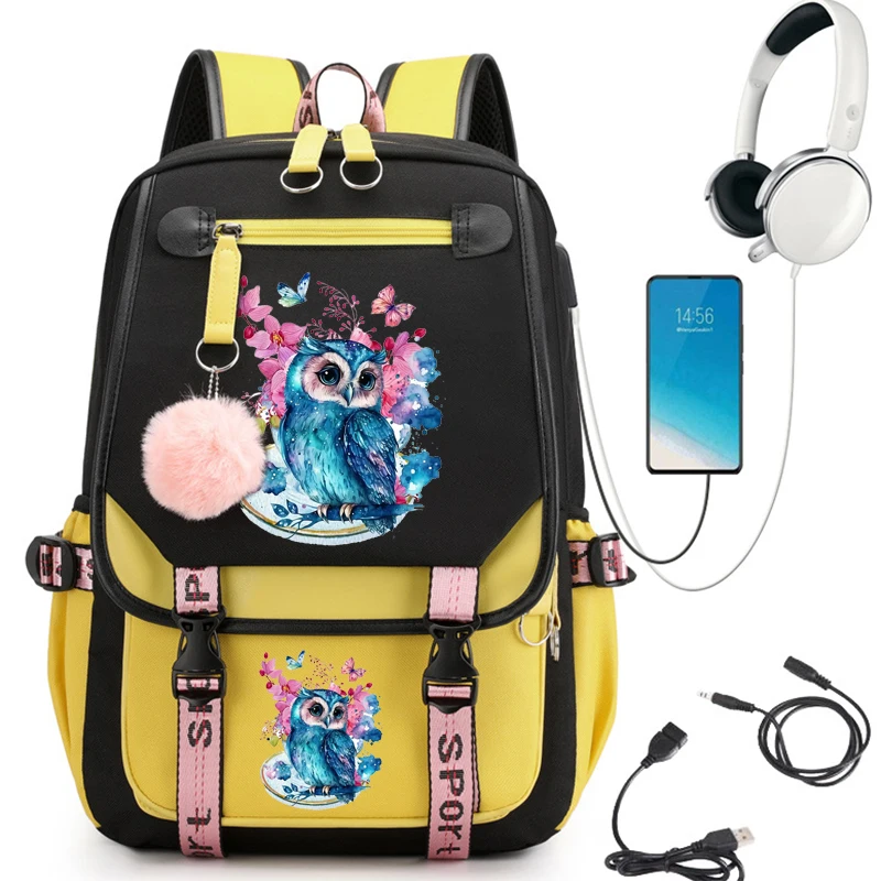 Watercolor Owl Flower Print School Backpack Bag Cute Cartoon School Bag for Student Teens Bookbag Anime Laptop Teenager Backpack