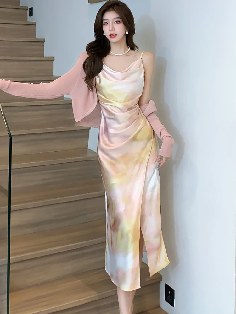 Summer Korean Fashion Elegant Chic Luxury Dress Suits 2024 Women Gradient Satin Sling Long Dress+Pink Cardigan Two Piece Suits