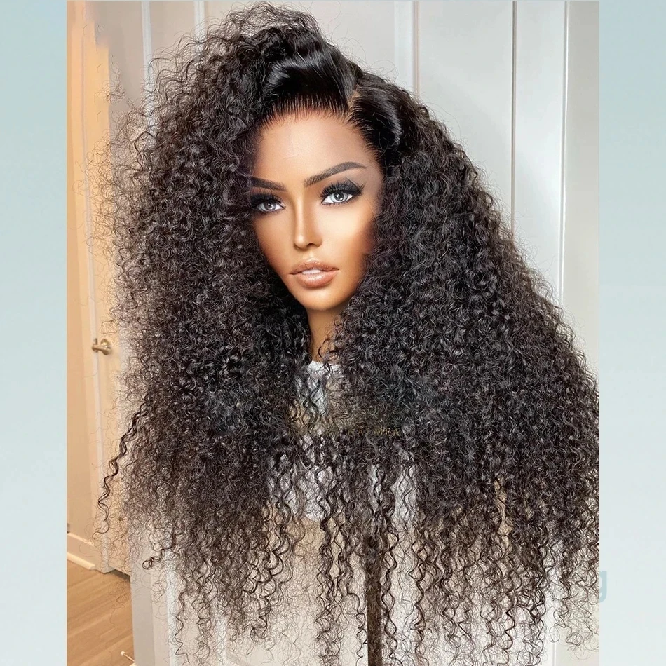 Black Preplucked 26Inch Long Glueless Kinky Curly Synthetic Lace Front Wig Baby Hair Heat Temperature Daily Cosplay