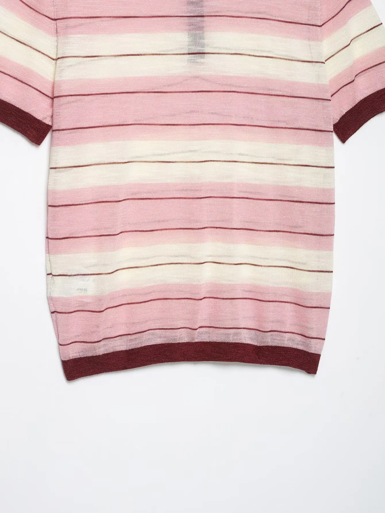 BSAY Elegantes, gestreiftes Strick-Polo-Top für Damen mit Farbblock-Design, kontrastierendem burgunderrotem Kragen, kurzen Ärmeln und halbem Knopfverschluss, Sommer-T-Shirt für den Alltag – Detail 14
