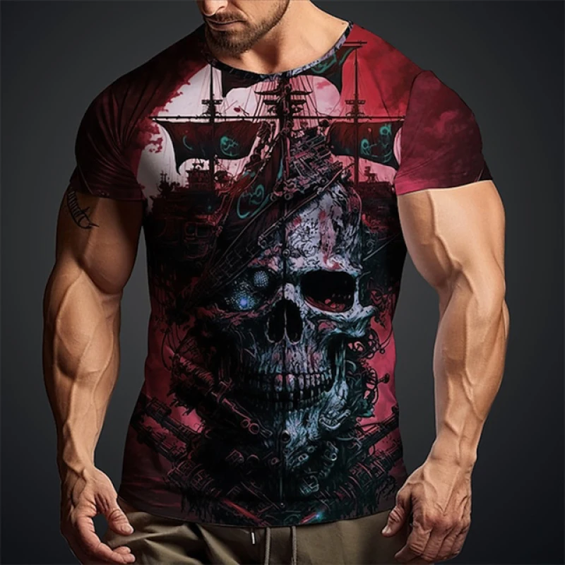 New Men\'s Retro Short Sleeve Street Y2K Style Printed Death Pattern Short Sleeve Breathable Refreshing Oversized Men\'s T-Shirt