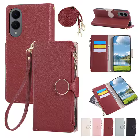 Leather Magnetic Crossbody Zipper Wallet Cover Phone Case for Samsung Galaxy S25 Edge S24 S23 S21 FE S22 S20 Plus Note 20 Ultra