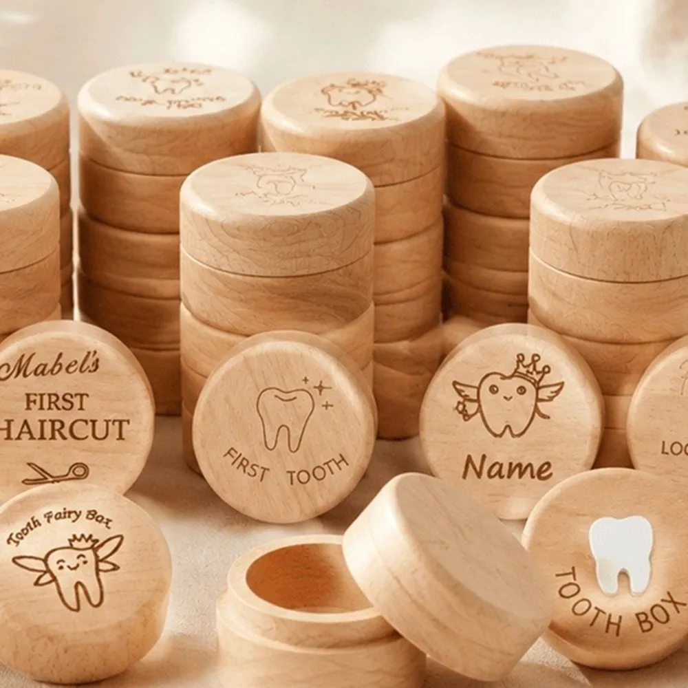 2pcs Milk Tooth Box Round Wooden Baby Keepsake Box Tooth Fairy Holder Tooth Memory Storage Case Organizer for Girls & Boys Gifts